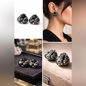 ✨Vintage Iridescent Beaded Clip-On Earrings | Black Statement Cluster✨